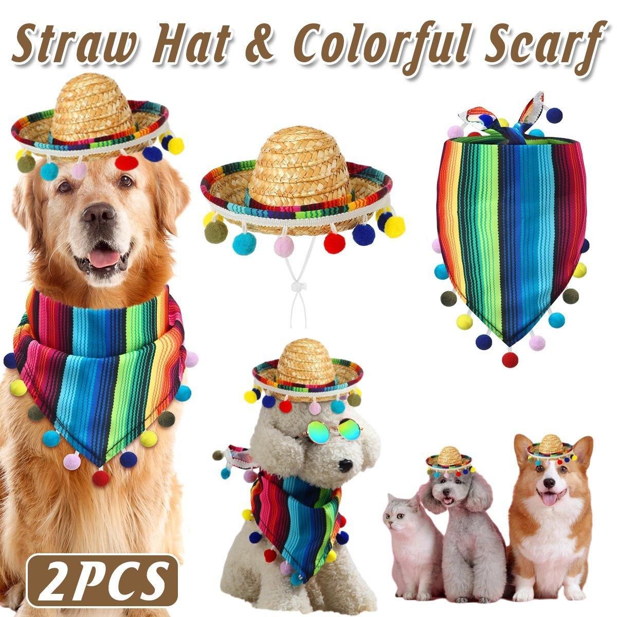 2pcs Striped Triangle Scarf Colourful Hairball Pet Straw Hat Scarf Set for Pets